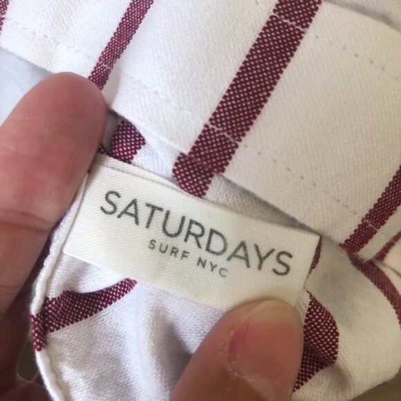 SATURDAYS Surf NYC Men Button Down Short Sleeve Shirt Red Stripes Size XL Cotton - Picture 6 of 6